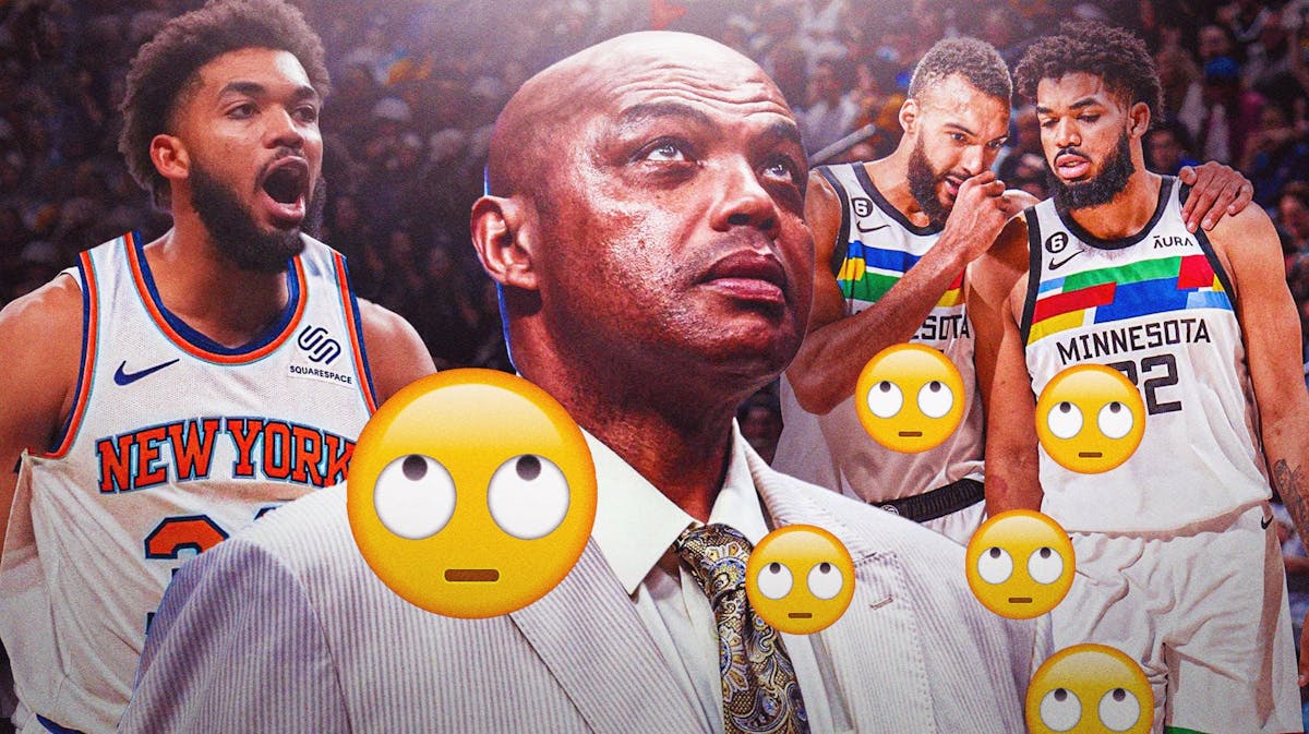Charles Barkley in the middle looking angry with eye-roll emoji and angry emoji around him, with Karl-Anthony Towns in a Knicks jersey on the left and a pic of Towns and Rudy Gobert together in Timberwolves uni on the right
