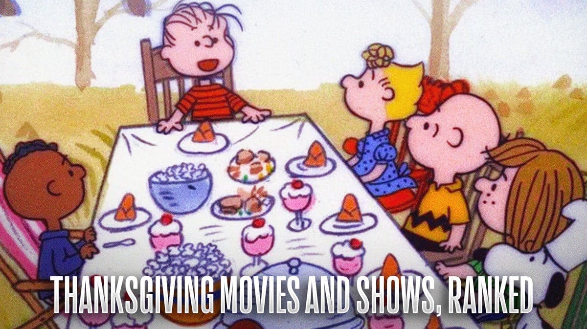 A scene from A Charlie Brown Thanksgiving with the text 'Thanksgiving movies and shows, ranked.'