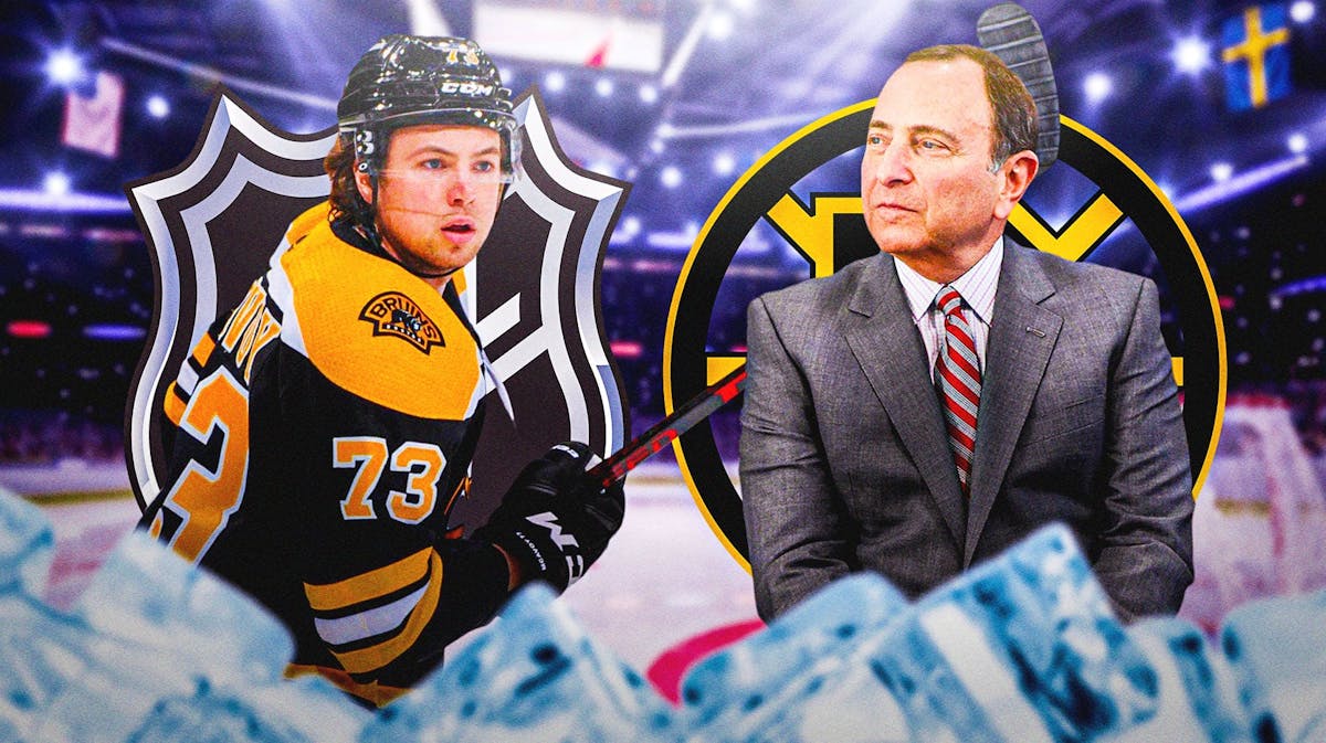Charlie McAvoy in middle looking stern, NHL logo, Gary Bettman in image, Bruins logo, hockey rink in background