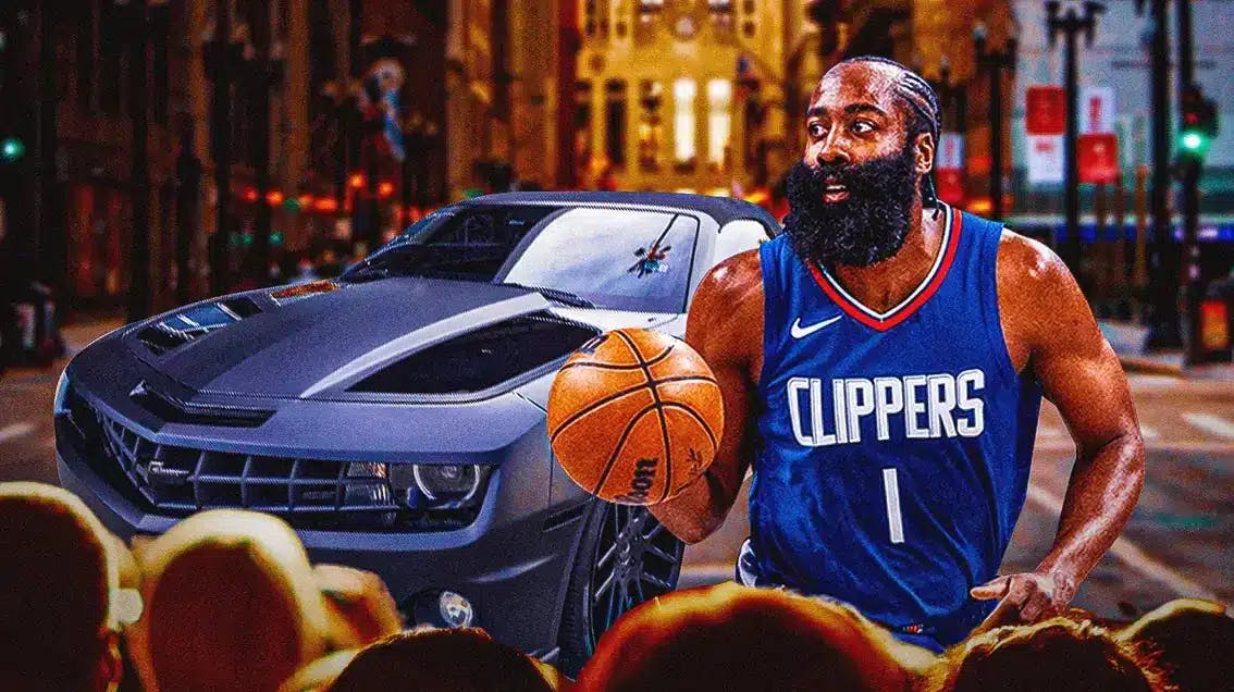 James Harden in front of a car from his collection.