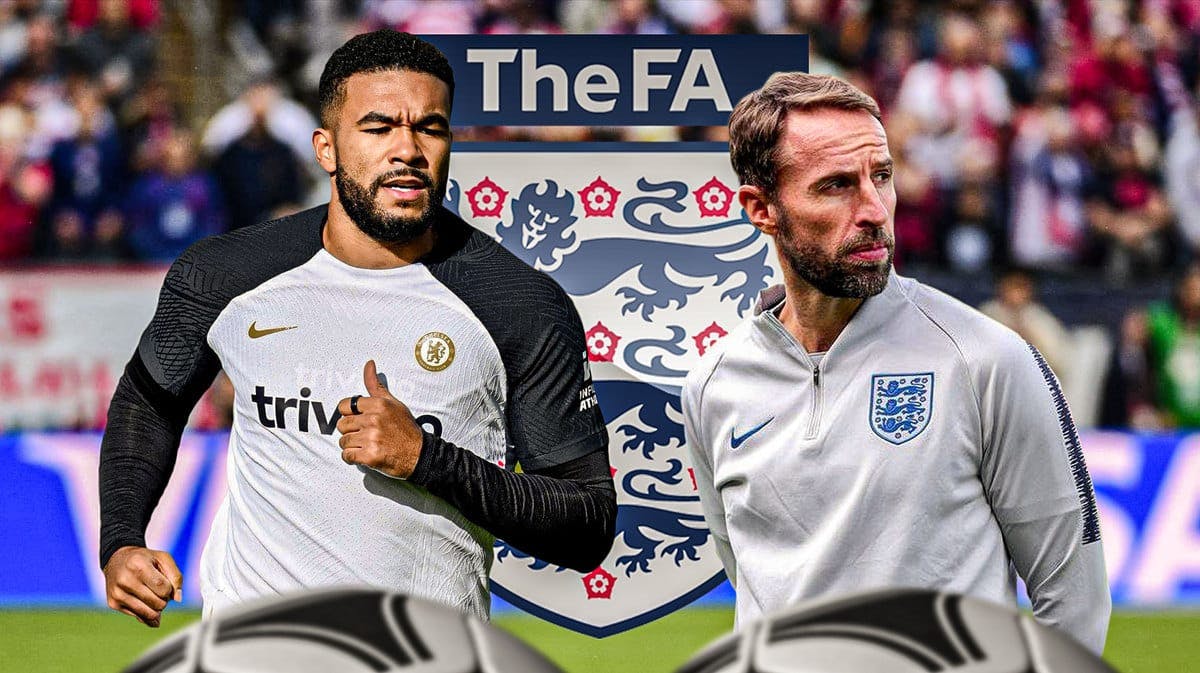Gareth Southgate and Reece James in front of the England soccer logo