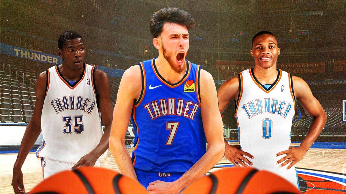 Thunder center Chet Holmgren hyped up in the middle, with Kevin Durant (2007 version) and Russell Westbrook (2008 version) to his left and right, respectively