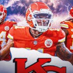 Marquez Valdes-Scantling, Richie James, Jawaan Taylor beside each other with Dark Clouds in the background with the Kansas City Chiefs logo.