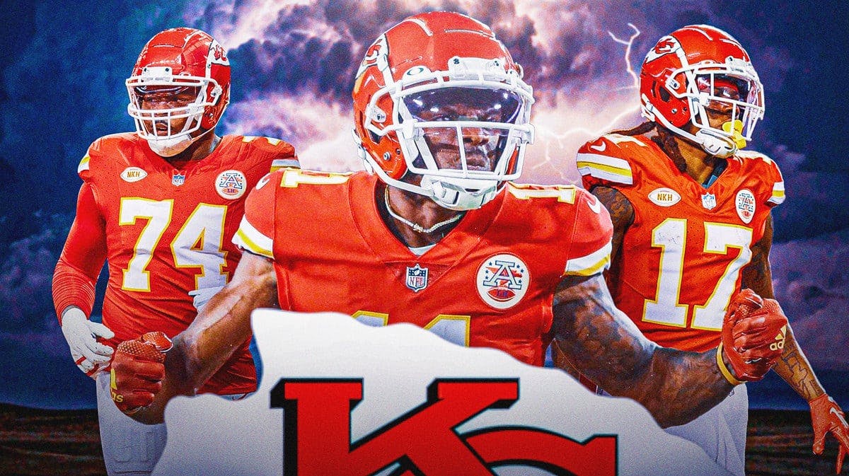 Marquez Valdes-Scantling, Richie James, Jawaan Taylor beside each other with Dark Clouds in the background with the Kansas City Chiefs logo.