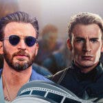 Chris Evans next to Captain America with MCU Avegers: Endgame background.