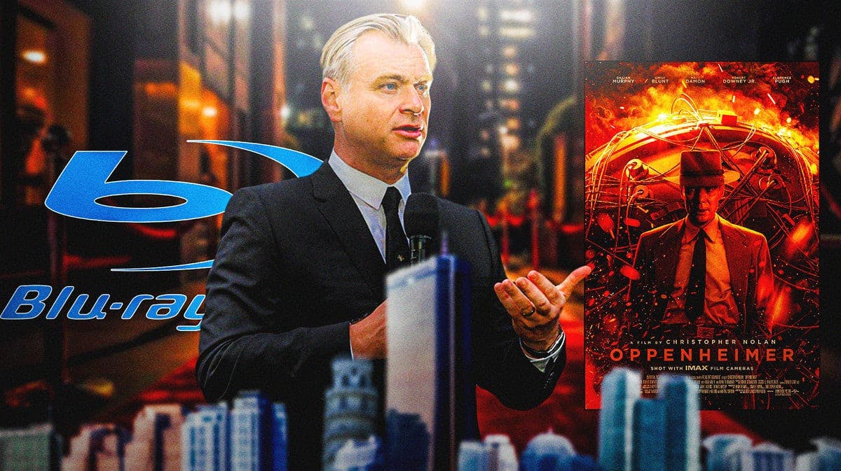 Christopher Nolan with Oppenheimer poster and a Blu-ray logo.