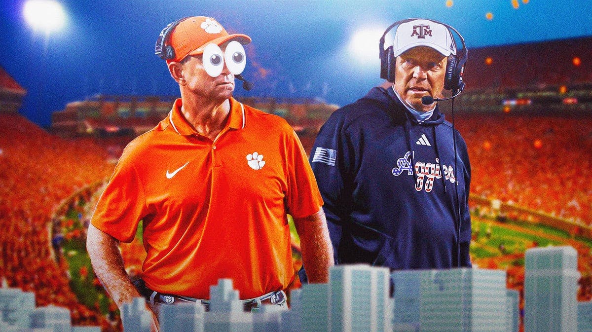Dabo Swinney of Clemson football with eyes emoji and looking at Jimbo Fisher (Texas A&M)