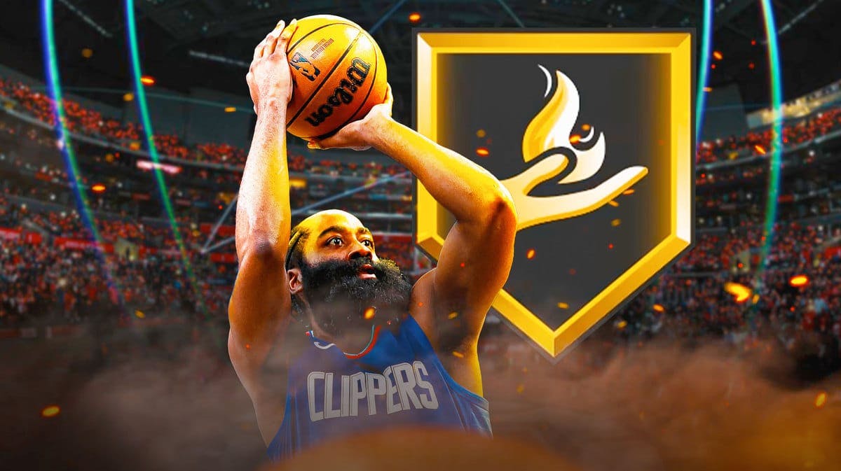 Clippers' James Harden in shooting motion, with the 2K24 gold catch and shoot badge logo all over Harden