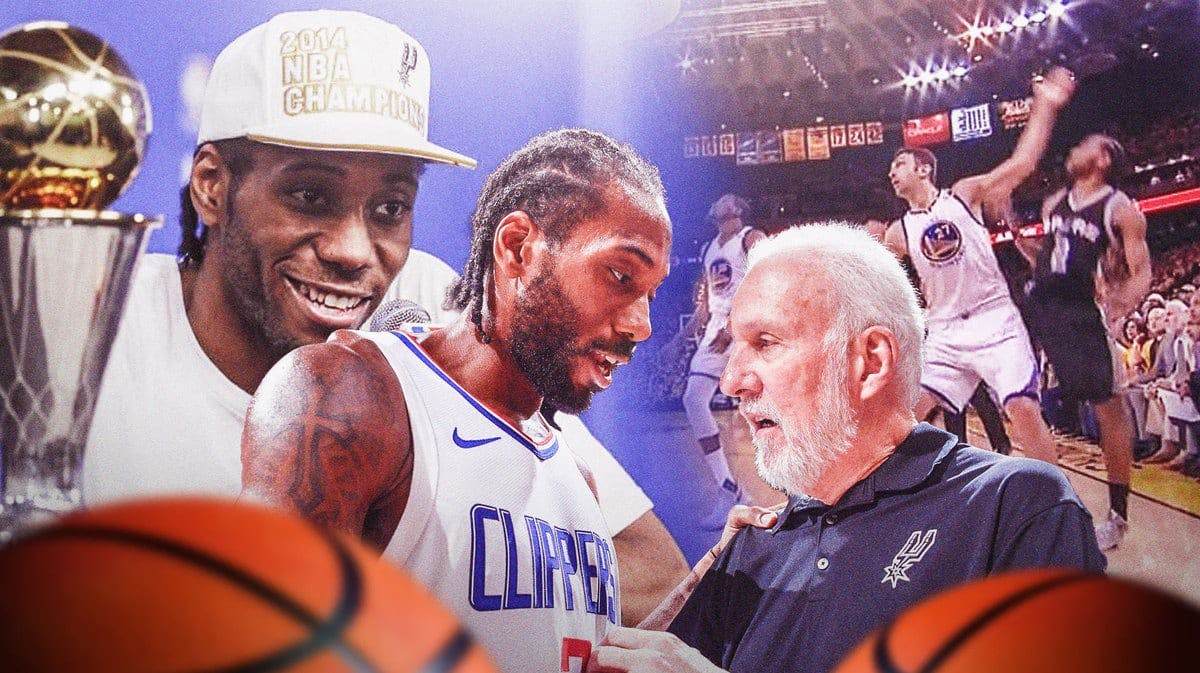 Warriors' Zaza Pachulia injuring Spurs' Kawhi Leonard during the 2017 WCF on the left, picture of Kawhi (Clippers uni) hugging Gregg Popovich in the middle, with a picture of Kawhi holding the 2014 NBA Finals MVP trophy on the right