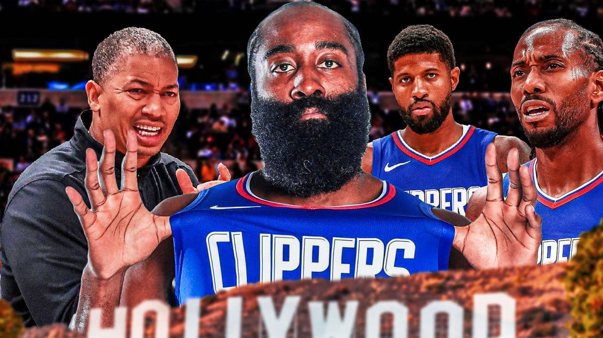 Clippers' Tyronn Lue looking angry, with James Harden, Kawhi Leonard, and Paul George all looking sad (Clippers unis)