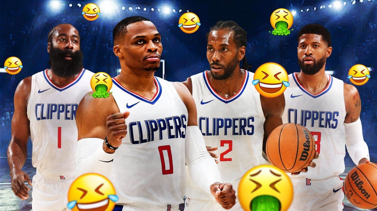 Clippers' James Harden, Paul George, Kawhi Leonard, and Russell Westbrook all looking sad, with rofl emojis and nearly vomiting emojis all over them