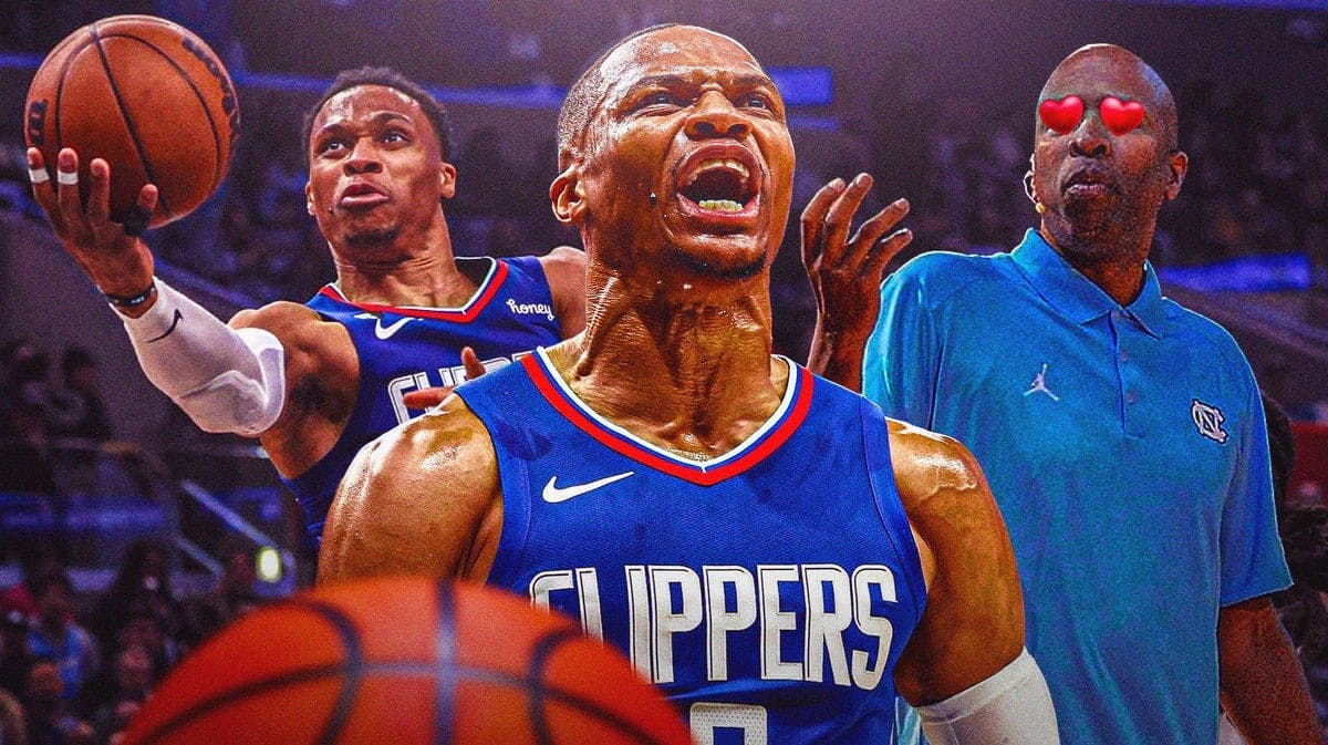Clippers' Russell Westbrook shooting a layup, with Westbrook hyped up in the middle, with Kenny Smith looking at him with heart eyes