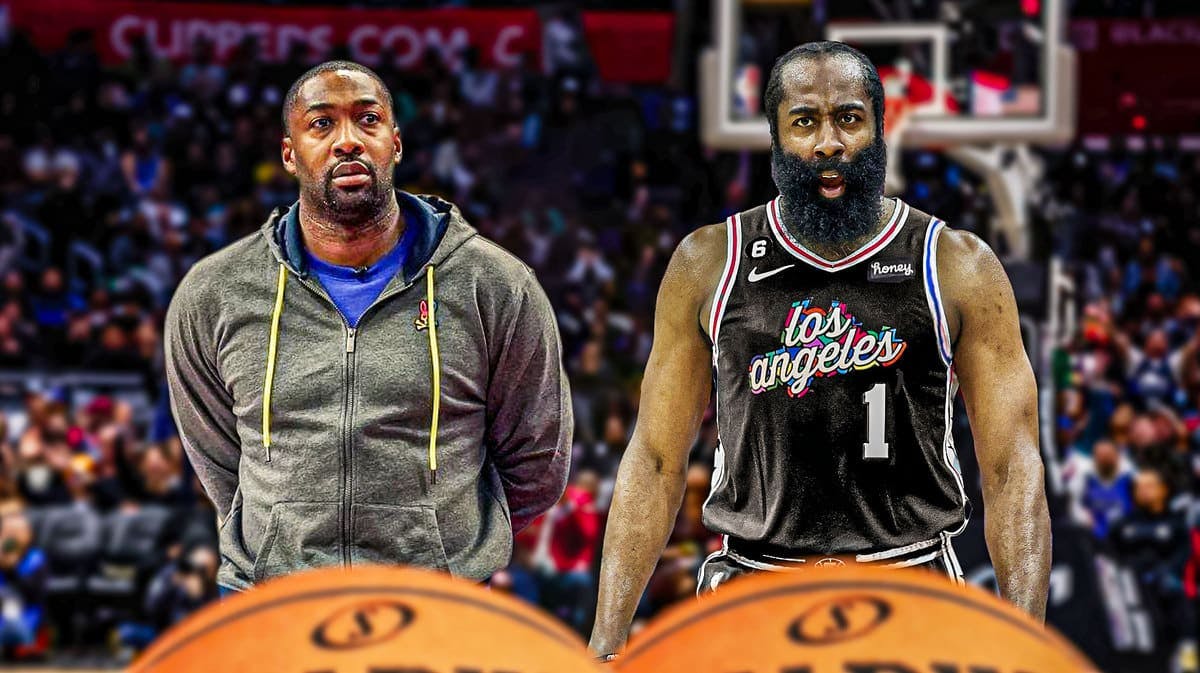 Former player Gilbert Arenas and Los Angeles Clippers star James Harden in front of Crypto.com Arena.