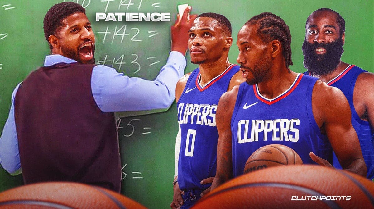 Clippers' Paul George as a teacher with a pointing stick, with the word “PATIENCE” written on the board, with James Harden, Kawhi Leonard, and Russell Westbrook as students