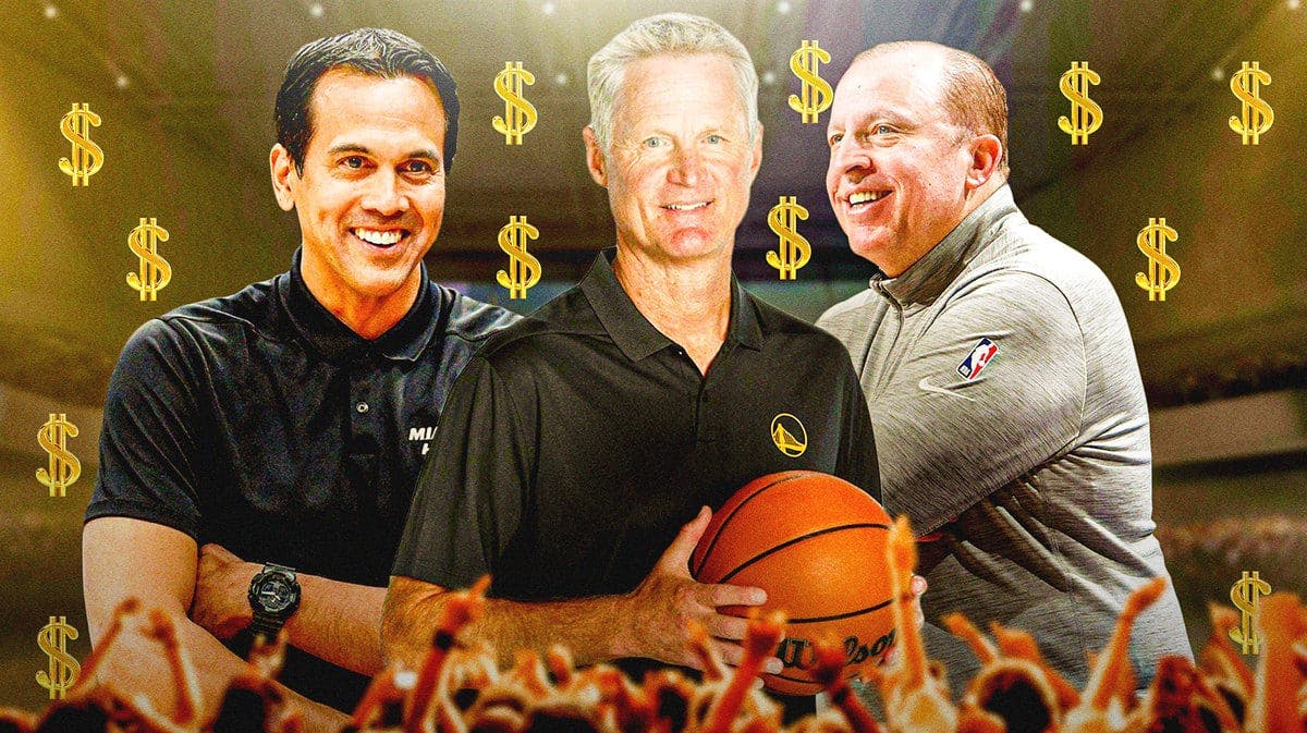 NBA head coaches Erik Spoelstra, Steve Kerr, and Tom Thibodeau with money signs around them.