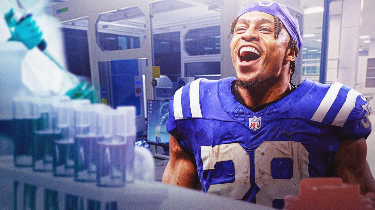 Photo: Jonathan Taylor laughing with a drug test room in the background, have Taylor in Colts jersey