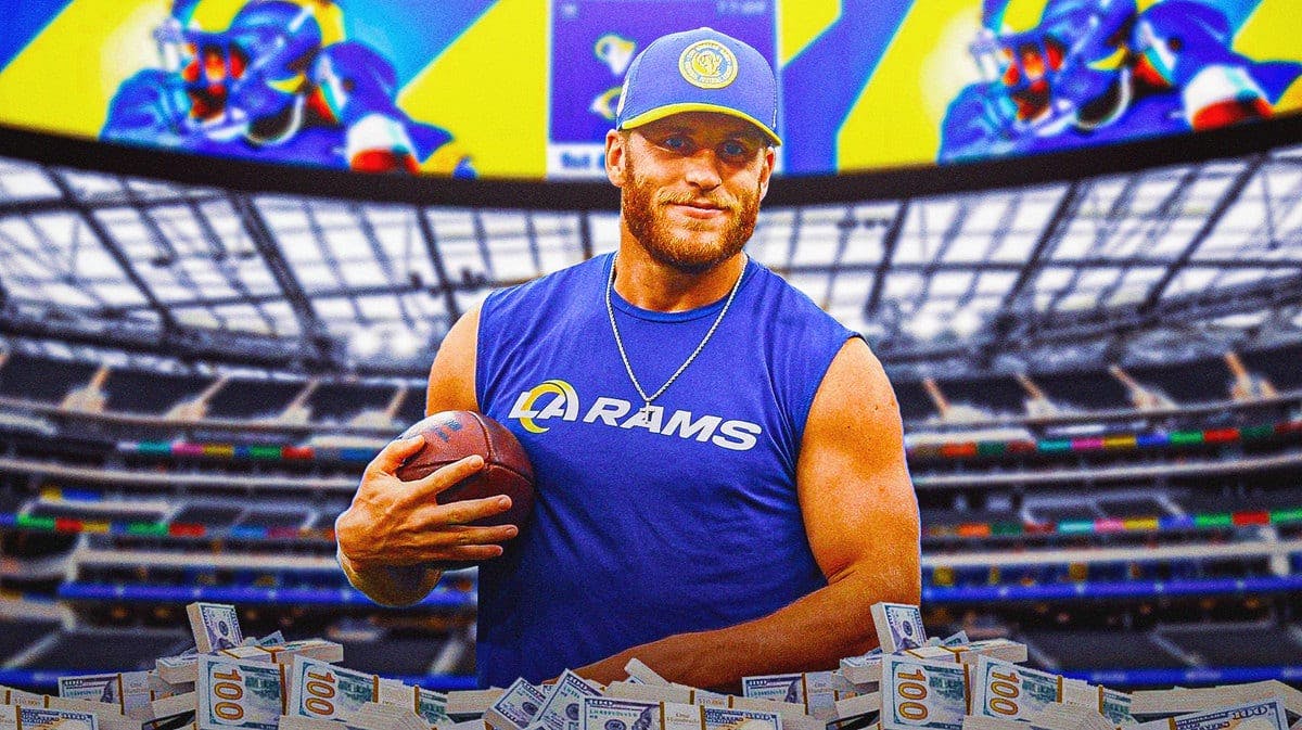 Los Angeles Rams receiver Cooper Kupp surrounded by piles of cash.