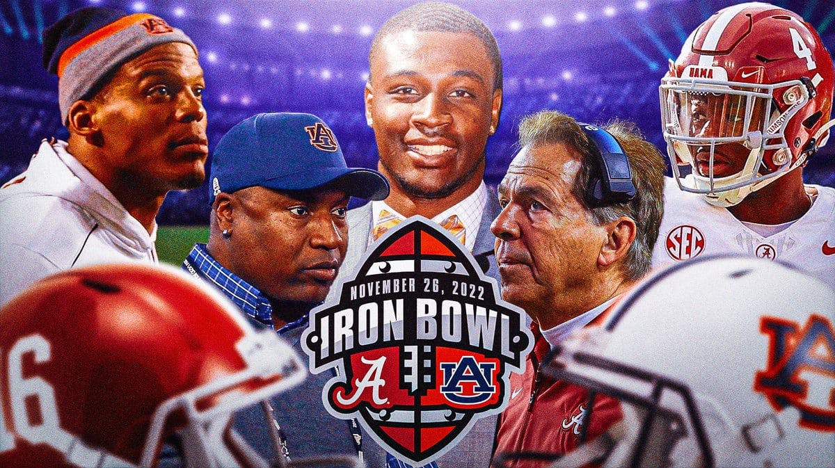 Jalen Milroe (Alabama), Bo Jackson (Auburn), Nick Saban (Alabama), Cam Newton (Auburn), Chris Davis (Auburn) all together. Iron Bowl logo front and center.