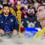 Cristiano Ronaldo looking at Lionel Messi sitting on a throne