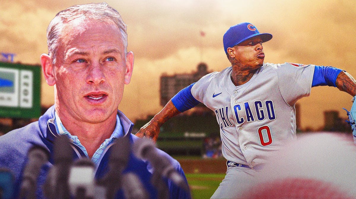 Jed Hoyer speaking, Marcus Stroman pitching in Cubs jersey, Wrigley Field as background