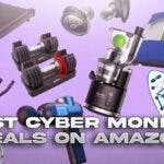 Product display of the best Cyber Monday deals on Amazon on a purple background.