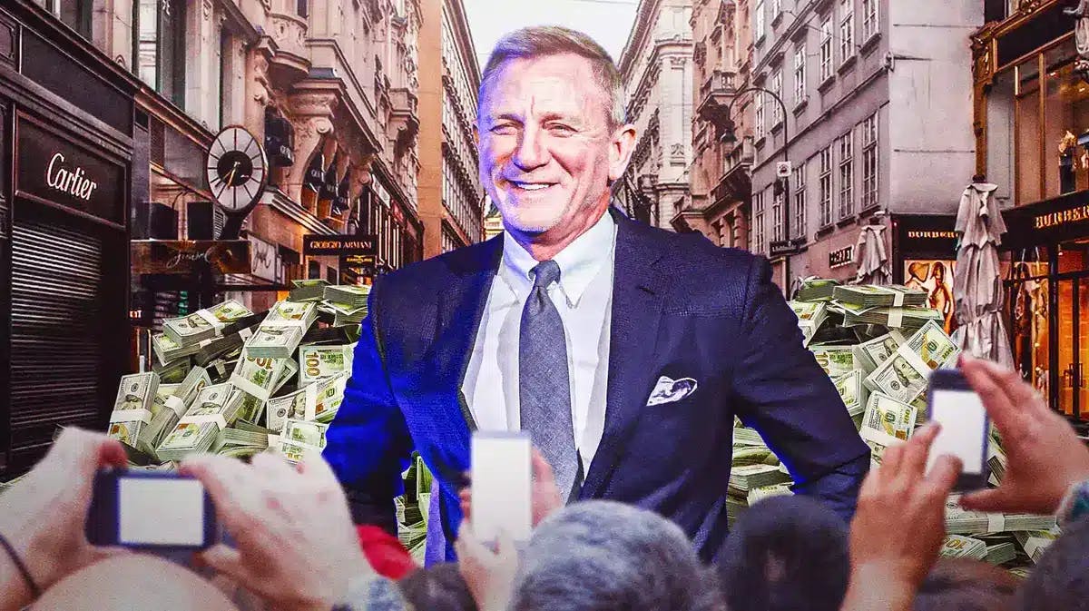 Daniel Craig surrounded by piles of cash.