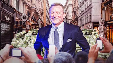 Daniel Craig surrounded by piles of cash.