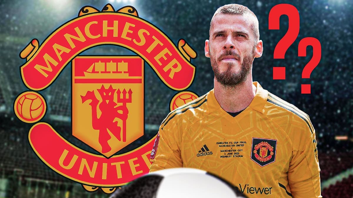 David de Gea in front of the Manchester United logo with questionmarks in the air