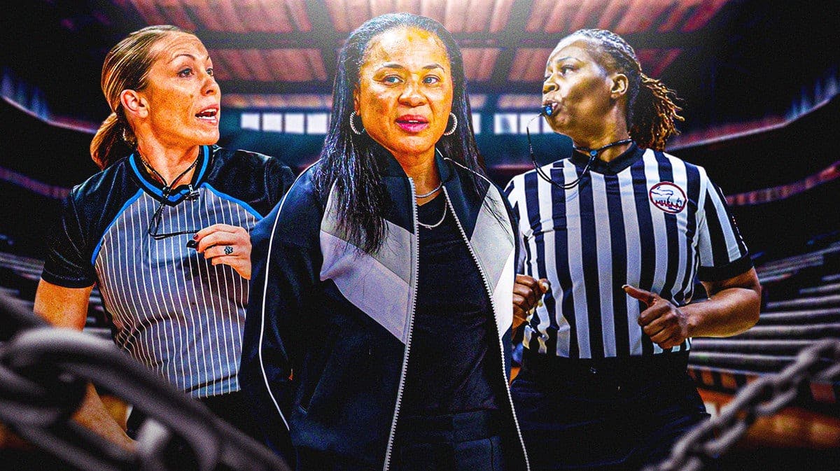 South Carolina women’s basketball coach Dawn Staley in the center, with different NCAA basketball referees around her, if possible, each referee with a different shade representing diversity.