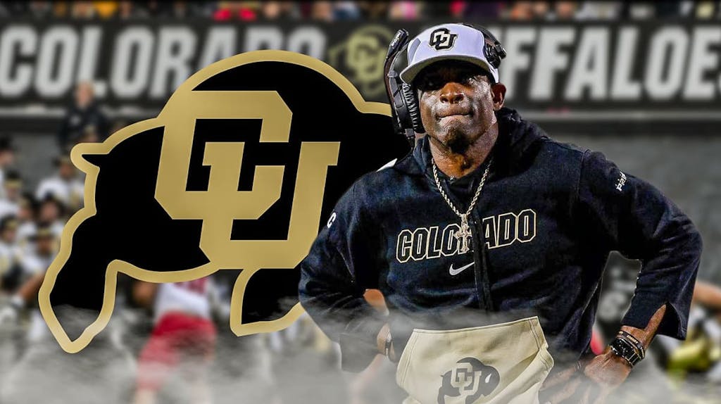 Deion Sanders looking disappointed with the Colorado Buffaloes logo in the background