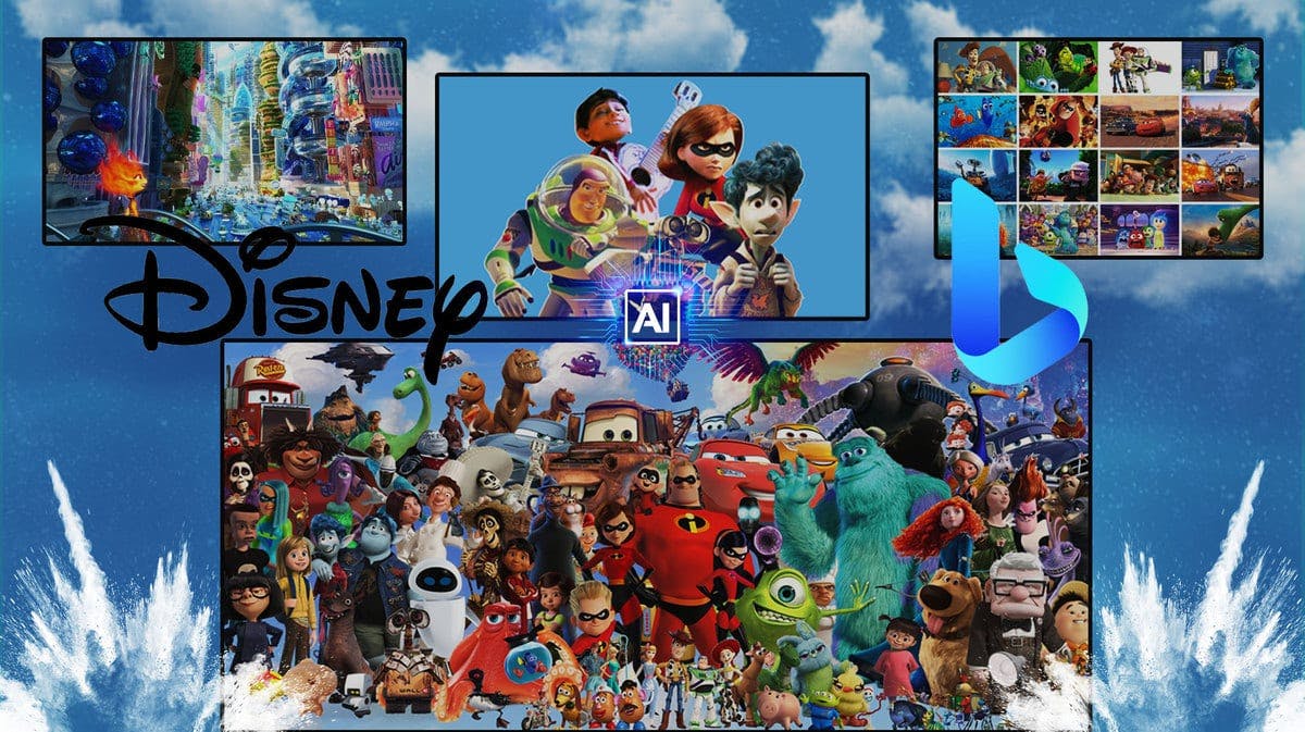 Images from Pixar with the Disney and Bing logo with AI.