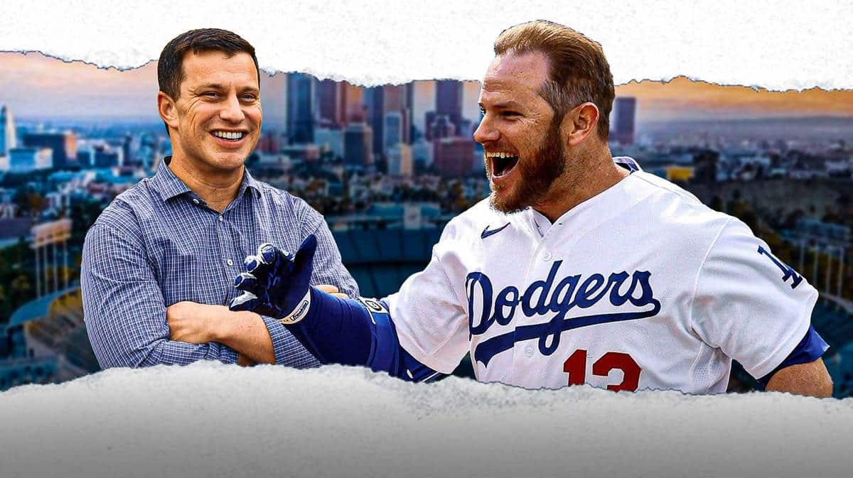 Max Muncy smiling next to Andrew Friedman of the Dodgers