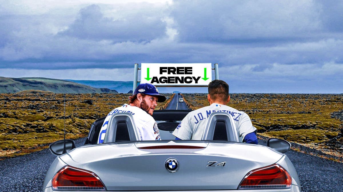 Clayton Kershaw, JD Martinez driving toward a sign that reads: FREE AGENCY