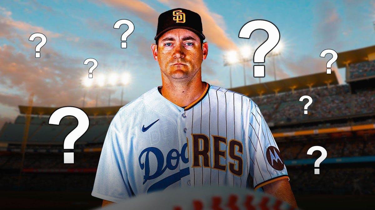 Seth Lugo while wearing a half Dodgers/Padres uni with question marks around him