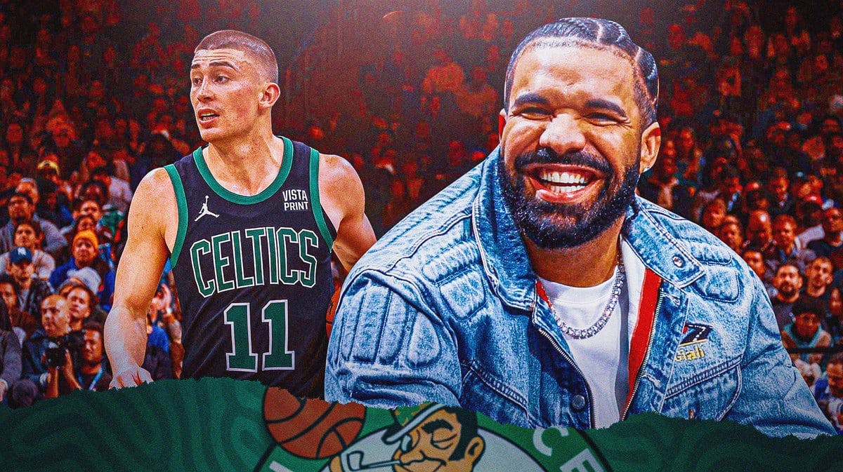 Drake laughing next to a smiling Payton Pritchard on a Toronto Raptors basketball court background, Boston Celtics