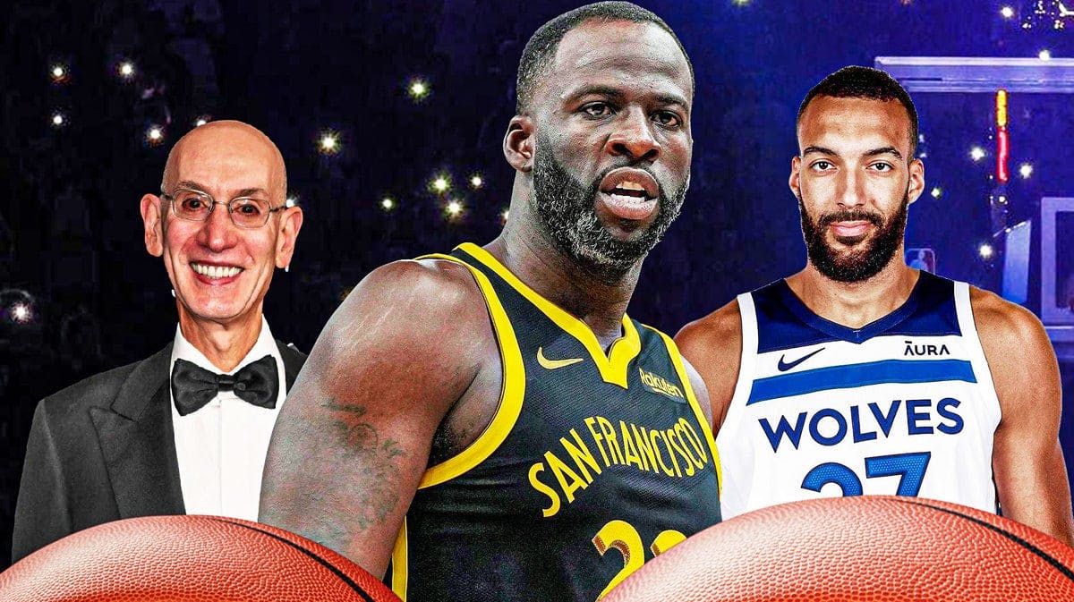 Warriors' Draymond Green next to Timberwolves' Rudy Gobert and NBA commissioner Adam Silver
