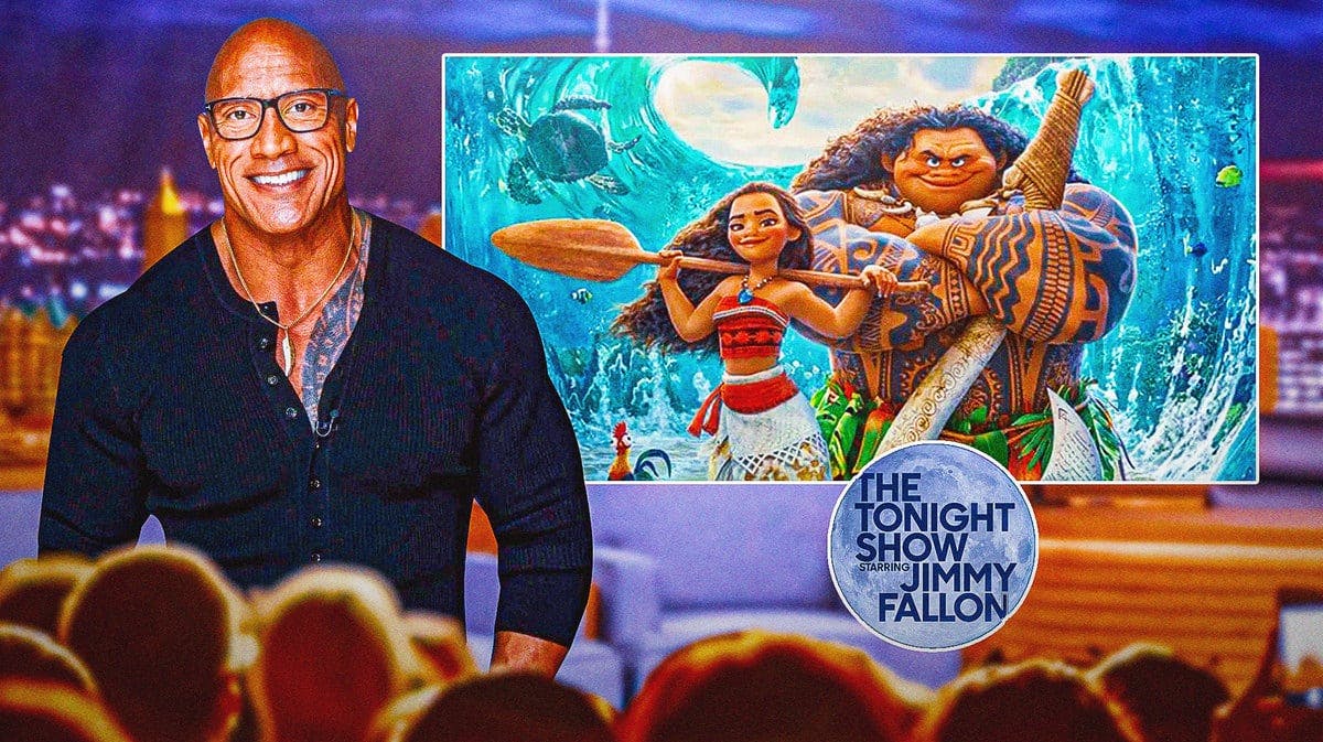 Dwayne Johnson next to Moana characters and The Tonight Show logo. Tonight Show stage background.