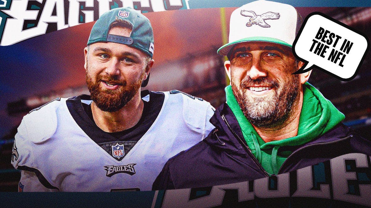 Philadelphia Eagles coach Nick Sirianni and speech bubble “Best in the NFL” and image of kicker Jake Elliott next to him