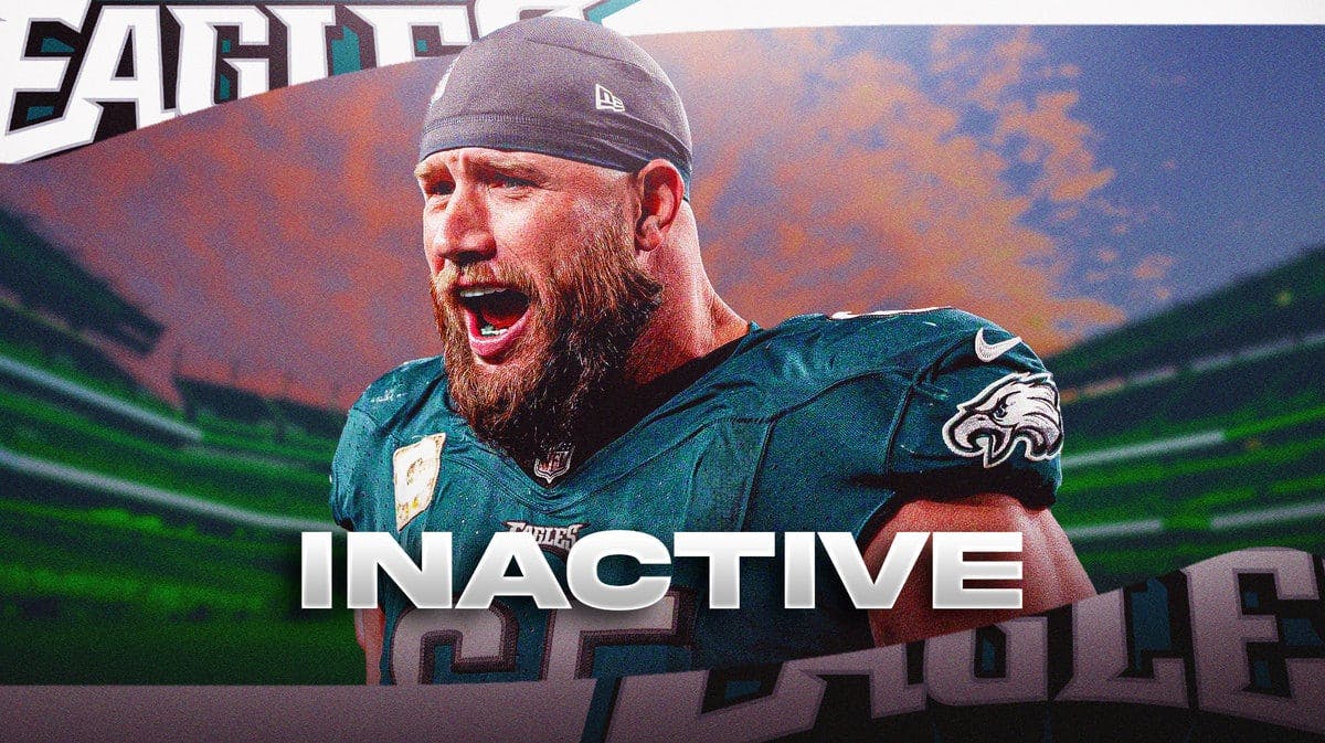 Philadelphia Eagles' Lane Johnson and a text graphic on bottom of image that reads “Inactive”