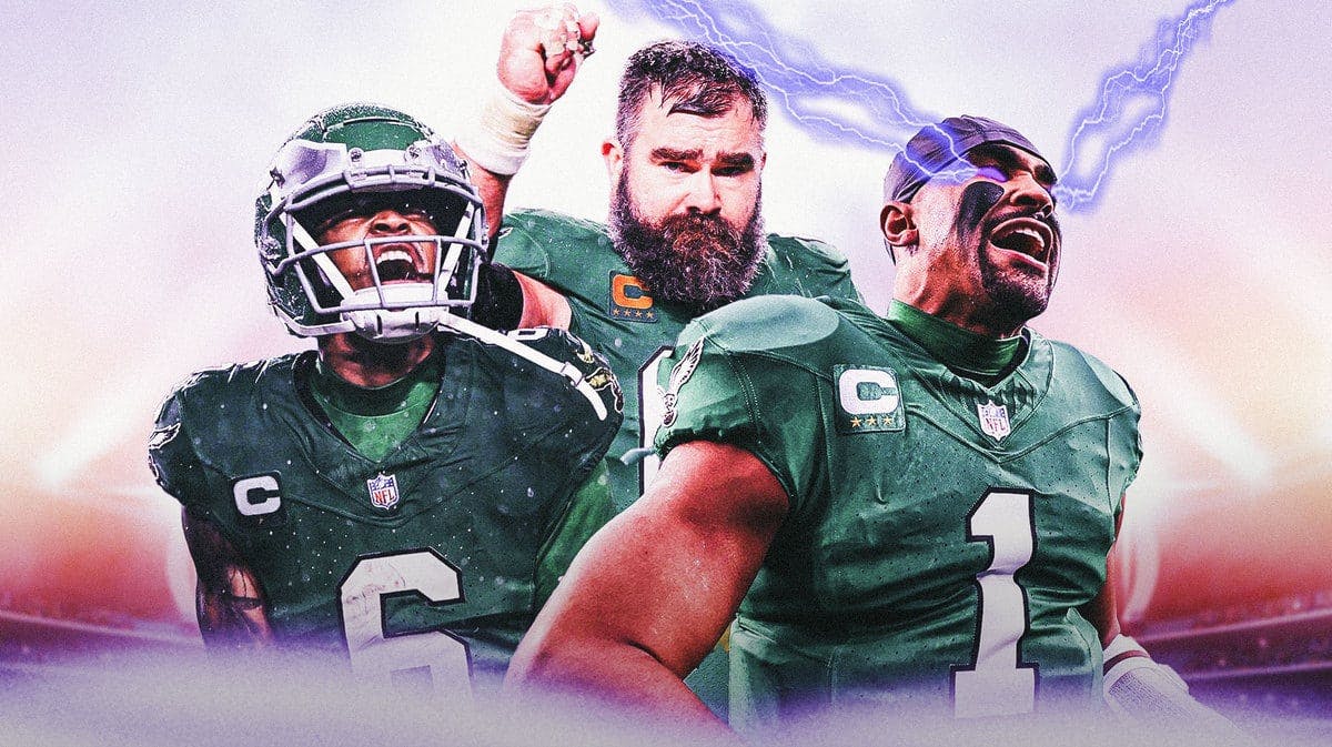 Eagles Jason Kelce, DeVonta Smith and Jalen Hurts after winning over the Bills