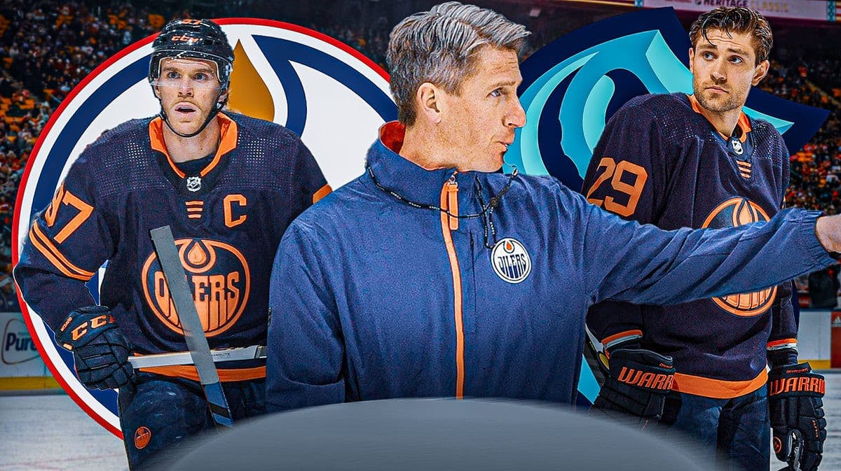 Kris Knoblauch in middle looking happy, Leon Draisaitl and Connor McDavid on either side, EDM Oilers logo and SEA Kraken logo, hockey rink in background