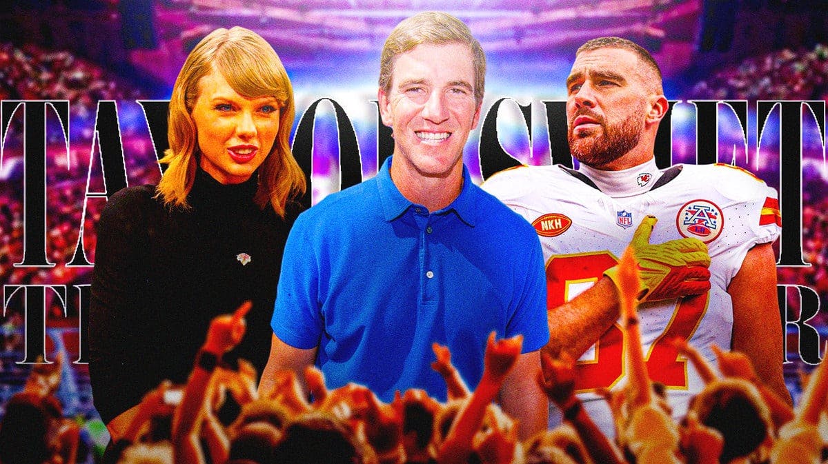 Eli Manning between Travis Kelce and Taylor Swift with Eras tour logo in backgorund.