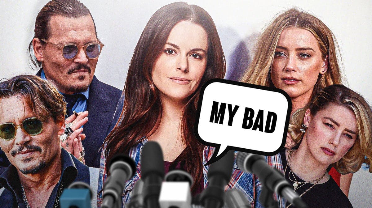 Emily Hampshire, as her Schitt's Creek character Stevie Budd, saying "My Bad" alongside images of Johnny Depp and Amber Heard