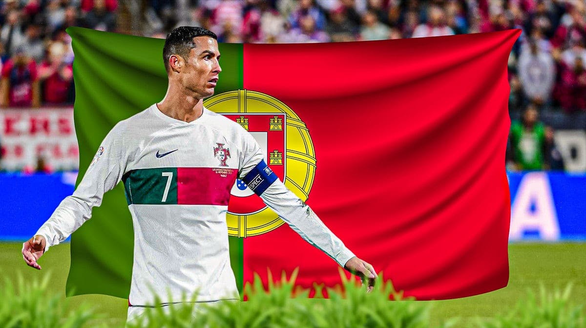 Cristiano Ronaldo in front of the Portugal flag euro 2024