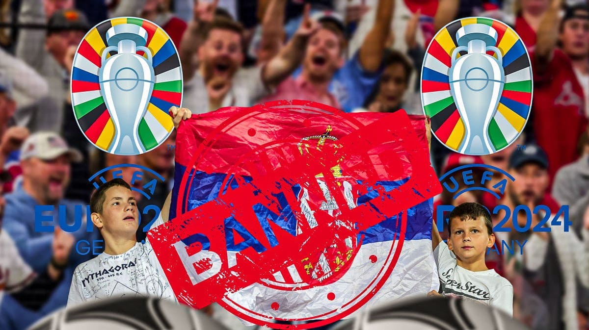 Serbian fans in front of the Euro 2024 logo, with a ‘BAN’ stamp in front of them
