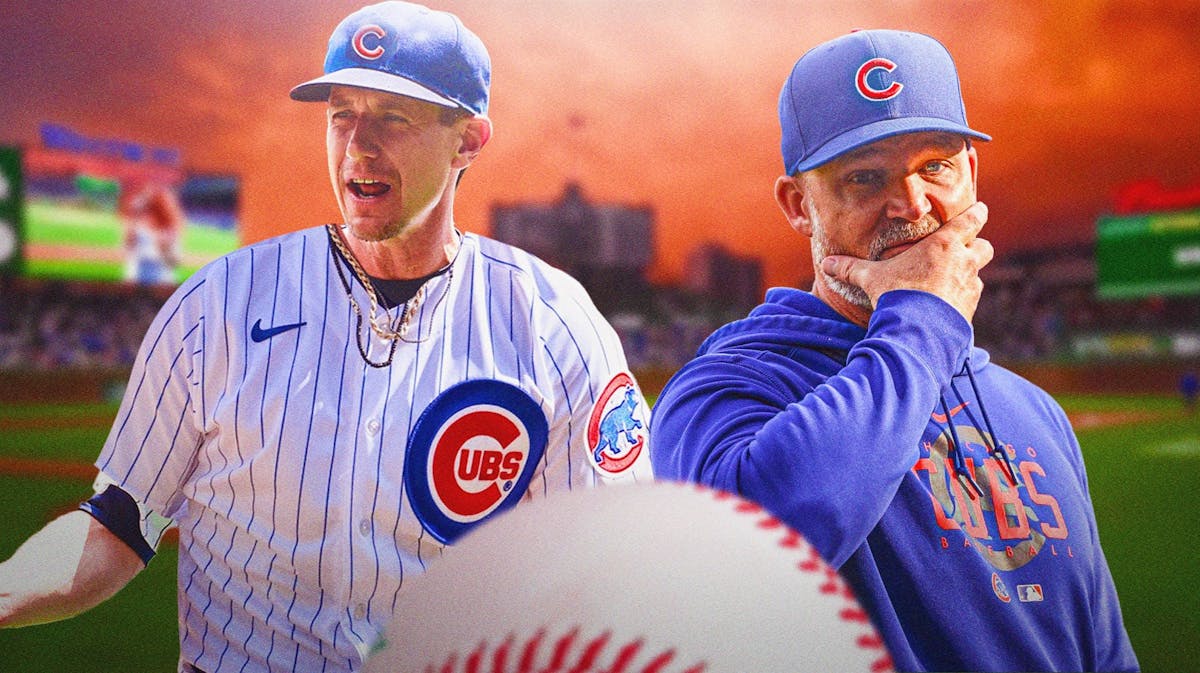 David Ross coaching Cubs looking serious, Craig Counsell in Cubs jersey coaching beside him, Wrigley Field as background