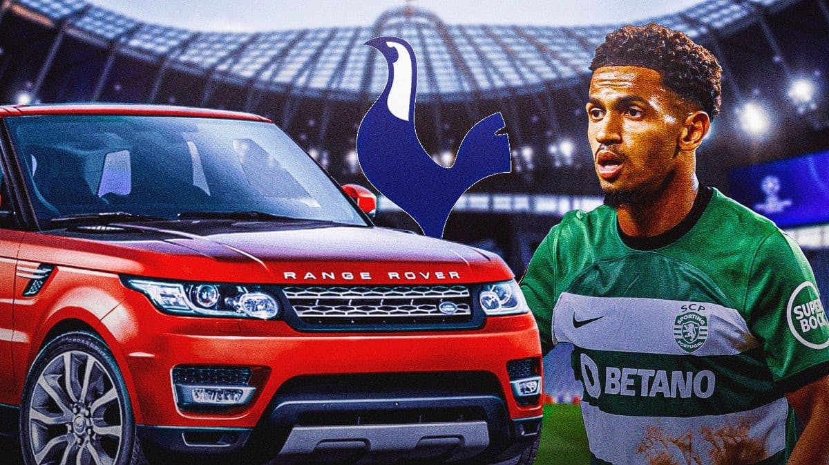 Marcus Edwards in front of a range rover, the tottenham logo in the air