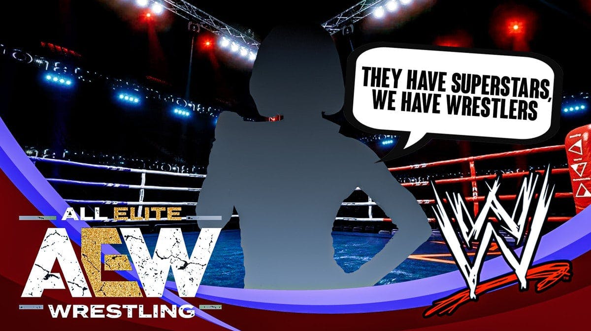 The blacked-out silhouette of CJ Perry with a text bubble reading “They have Superstars, we have wrestlers” with the AEW logo on her left and the WWE logo on her right.