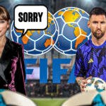 Taylor Swift saying: ‘sorry’ next to Lionel Messi in front of the FIFA World Cup logo