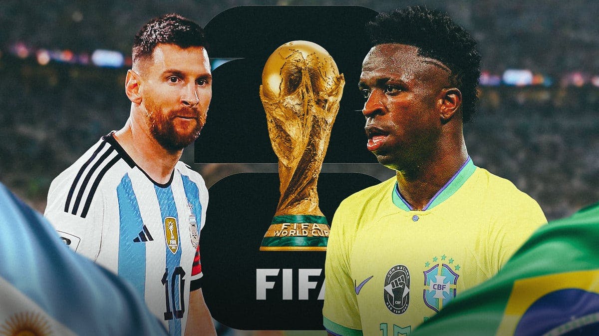 Vinicius Jr and Lionel Messi in front of the FIFA 2026 World Cup logo